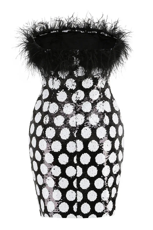 Feather Trim Polka Dot Sequin Dress - WEUXS