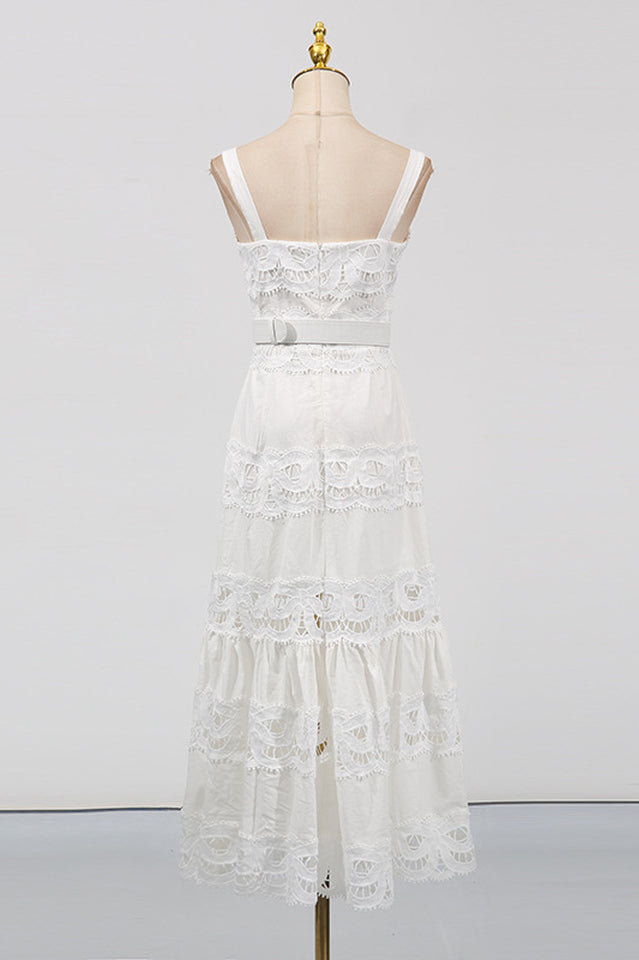 White Linen Lace Insert Midi Dress | Dress In Beauty