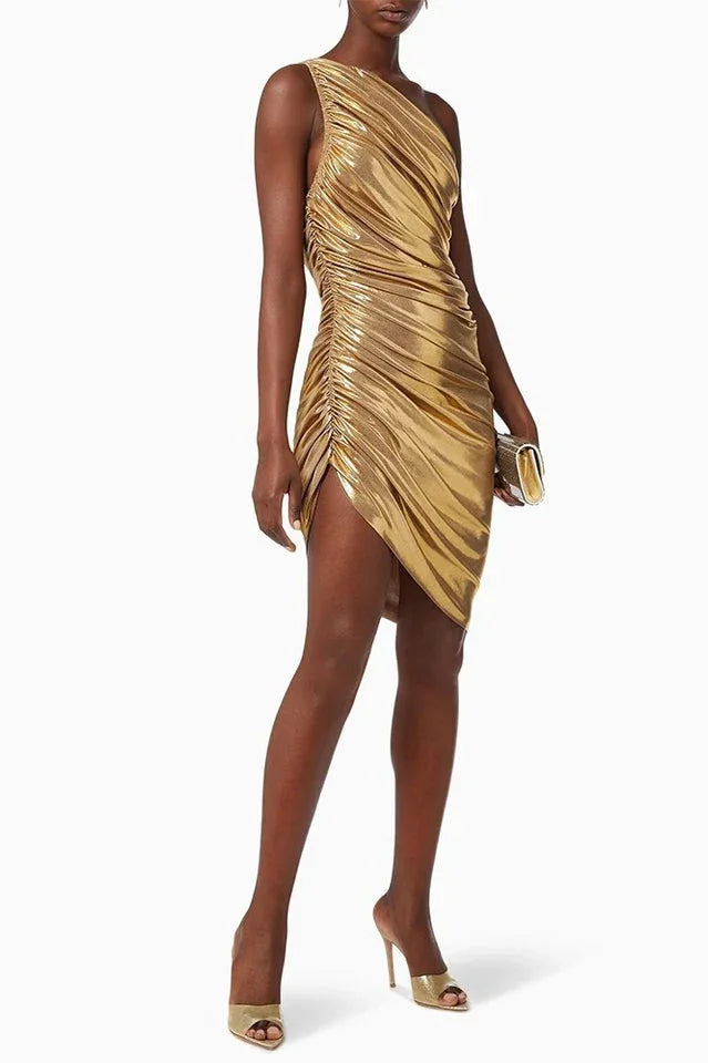 One shoulder ruched mini dress in metallic gold - View 6 | WEUXS
