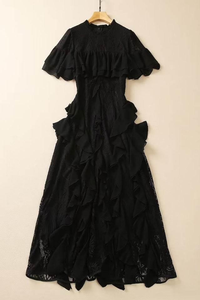 Oriana Pink Solid Lace Frill Midi Dress | Dress In Beauty