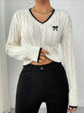 White cable knit sweater with black embroidered bow and contrast trim - View 6 | WEUXS