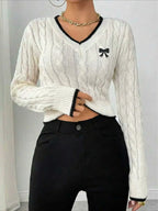 White cable knit sweater with black embroidered bow and contrast trim - View 6 | WEUXS