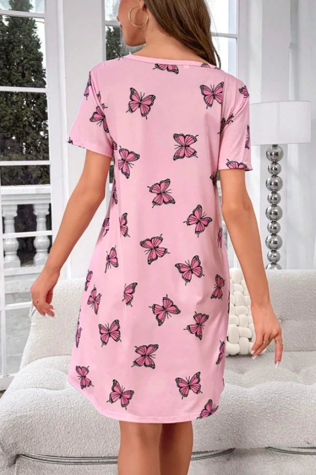 Pink Butterfly Print Sleep Shirt, Short Sleeve Crew Neck Nightgown - Cute Loungewear