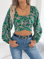 White floral puff sleeve cropped top - View 15 | WEUXS