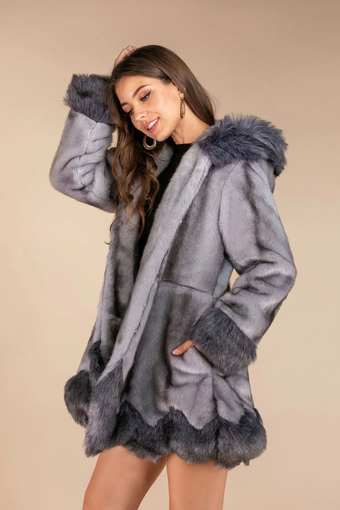 Opulent Silver Grey Faux Mink & Fox Fur Hooded Coat - WEUXS
