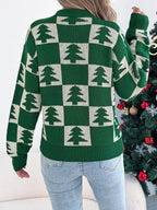 Back view of a woman in a festive holiday knit sweater