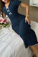 Navy Blue Ribbed Knit Maxi Nightgown with Contrast Lettuce Trim & Bows - Soft Loungewear - WEUXS