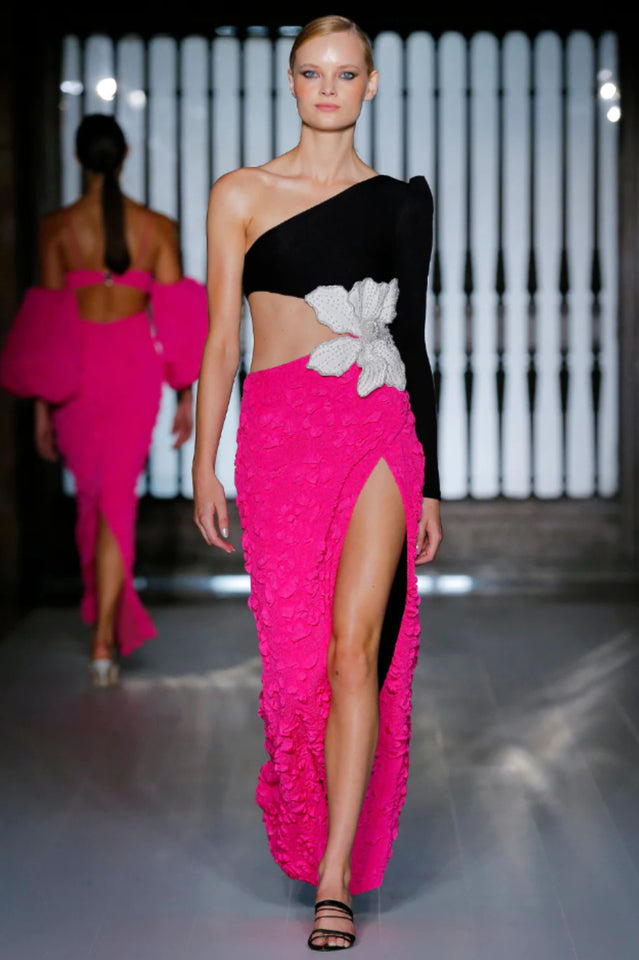 Jacquard One-Shoulder Flower Appliqué Dress | Dress In Beauty