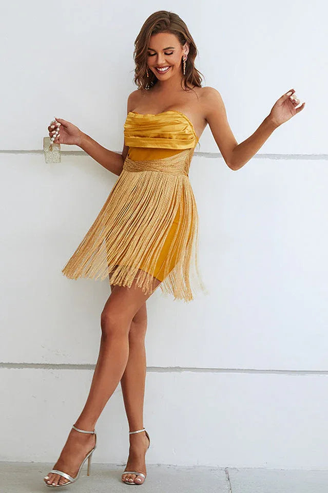 Yellow silk dress with ruffles and tassel trim - View 6 | WEUXS