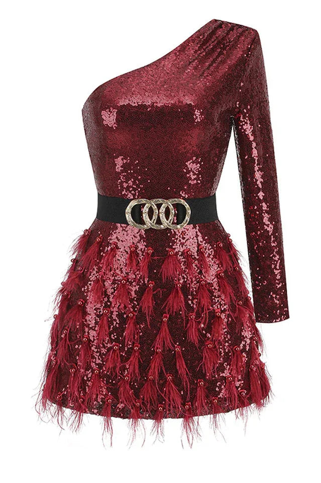 Daria One Shoulder Sequin Feather Dress - View 10 | WEUXS
