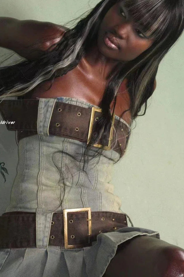 Blue distressed denim kilt mini dress with corset detailing and detachable belt - View 12 | WEUXS