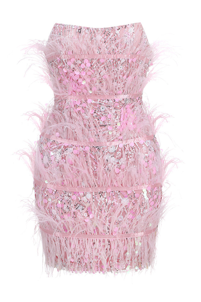 Senara Strapless Sequin Feather Mini Dress | Dress In Beauty
