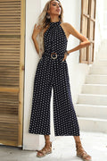 Polka Dots Print Funnel Neck Belted Jumpsuit | Dress In Beauty