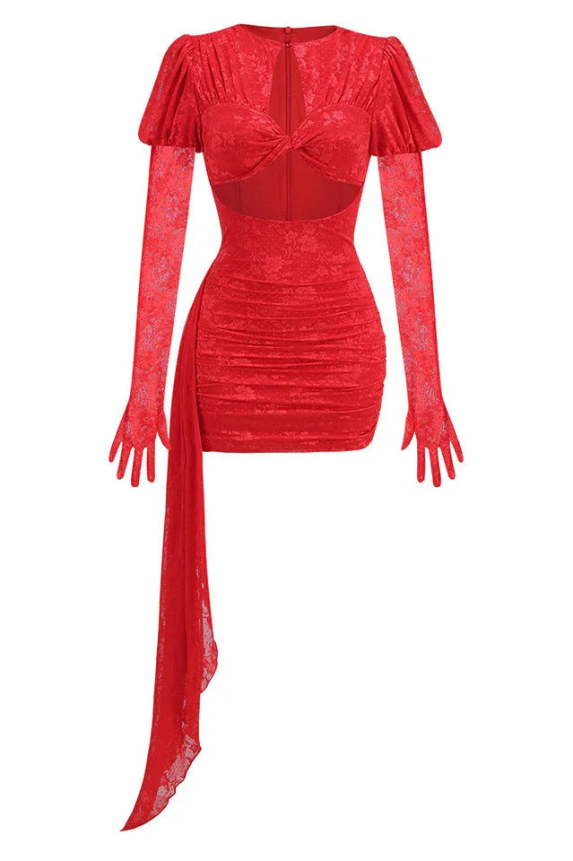 Draped Mini Dress with Cut-Outs & Puff Sleeves - View 8 | WEUXS