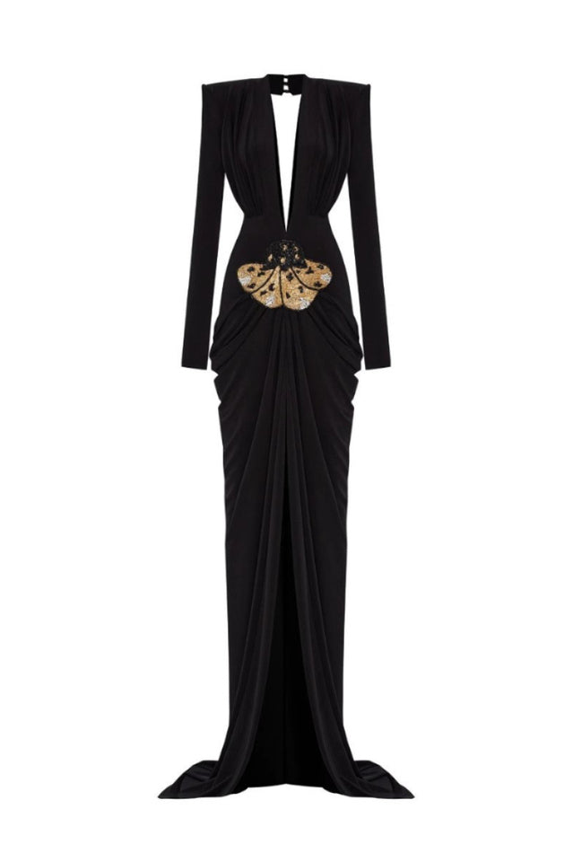 Embellished V Neck Draped Gown | Dress In Beauty