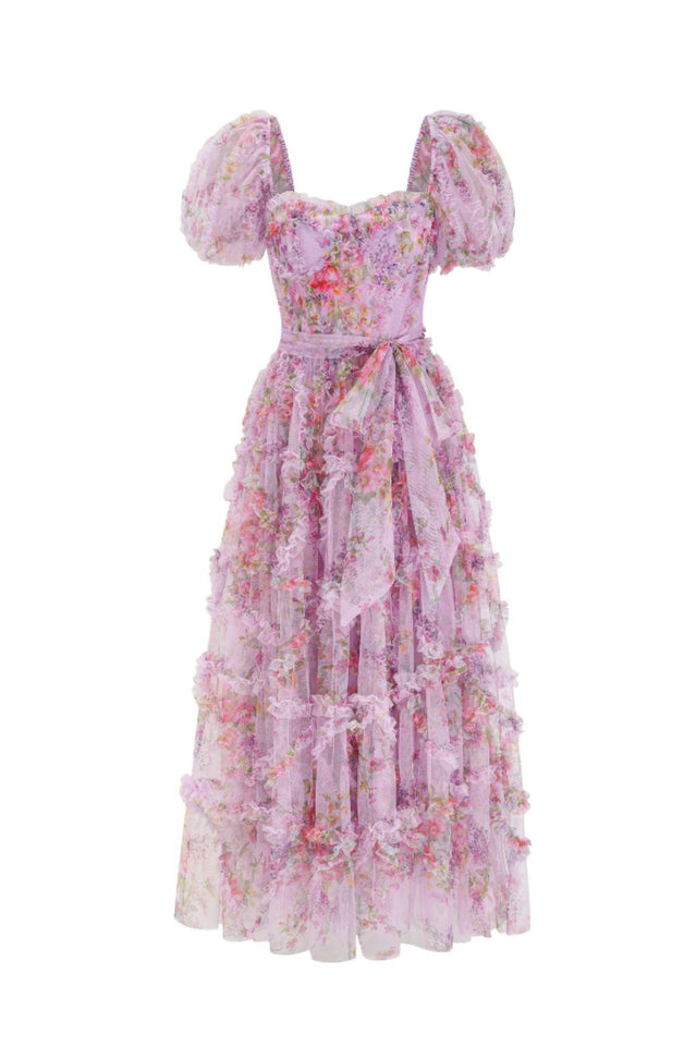 Floral Tulle Puff Sleeve Bow Tie Maxi Dress | Dress In Beauty