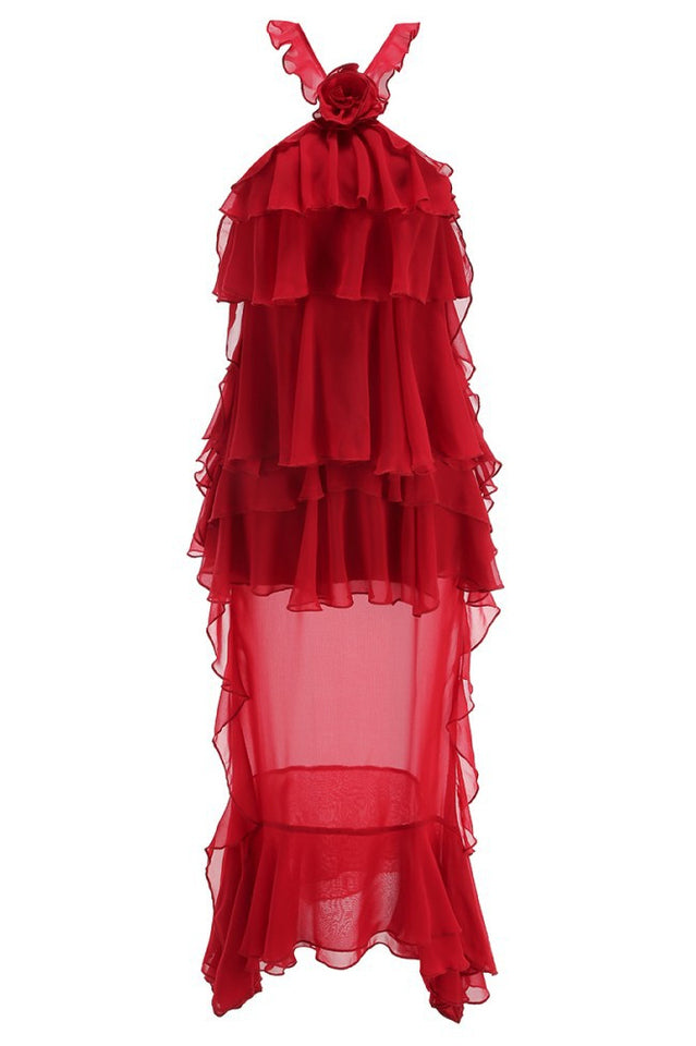 Bedelia Floral Halter Chiffon Ruffle Midi Dress | Dress In Beauty