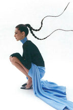 Woman wearing a blue ruched maxi skirt and black long sleeve bodysuit - View 8 | WEUXS