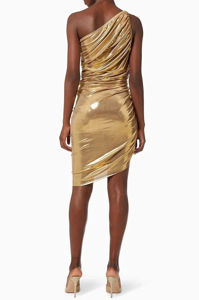 One shoulder ruched mini dress in metallic gold - View 7 | WEUXS