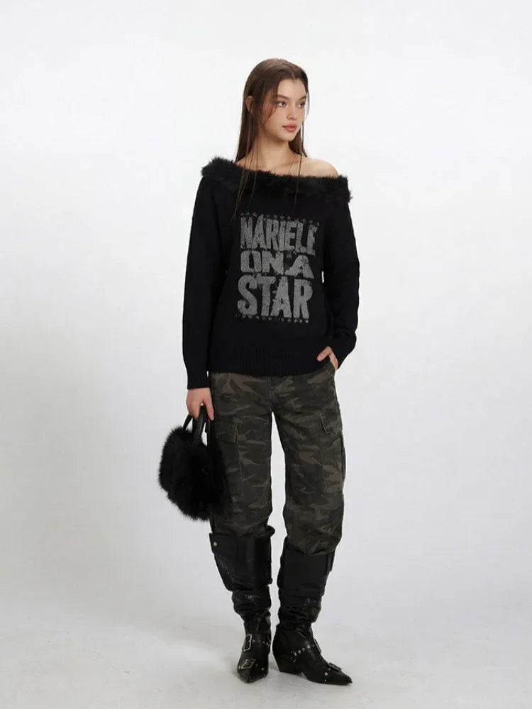 Off Shoulder Faux Fur Trim Knit Sweater - View 6 | WEUXS