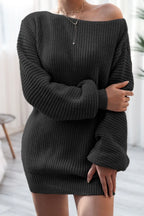 Slouchy Off-Shoulder Ribbed Knit Sweater Dress - WEUXS