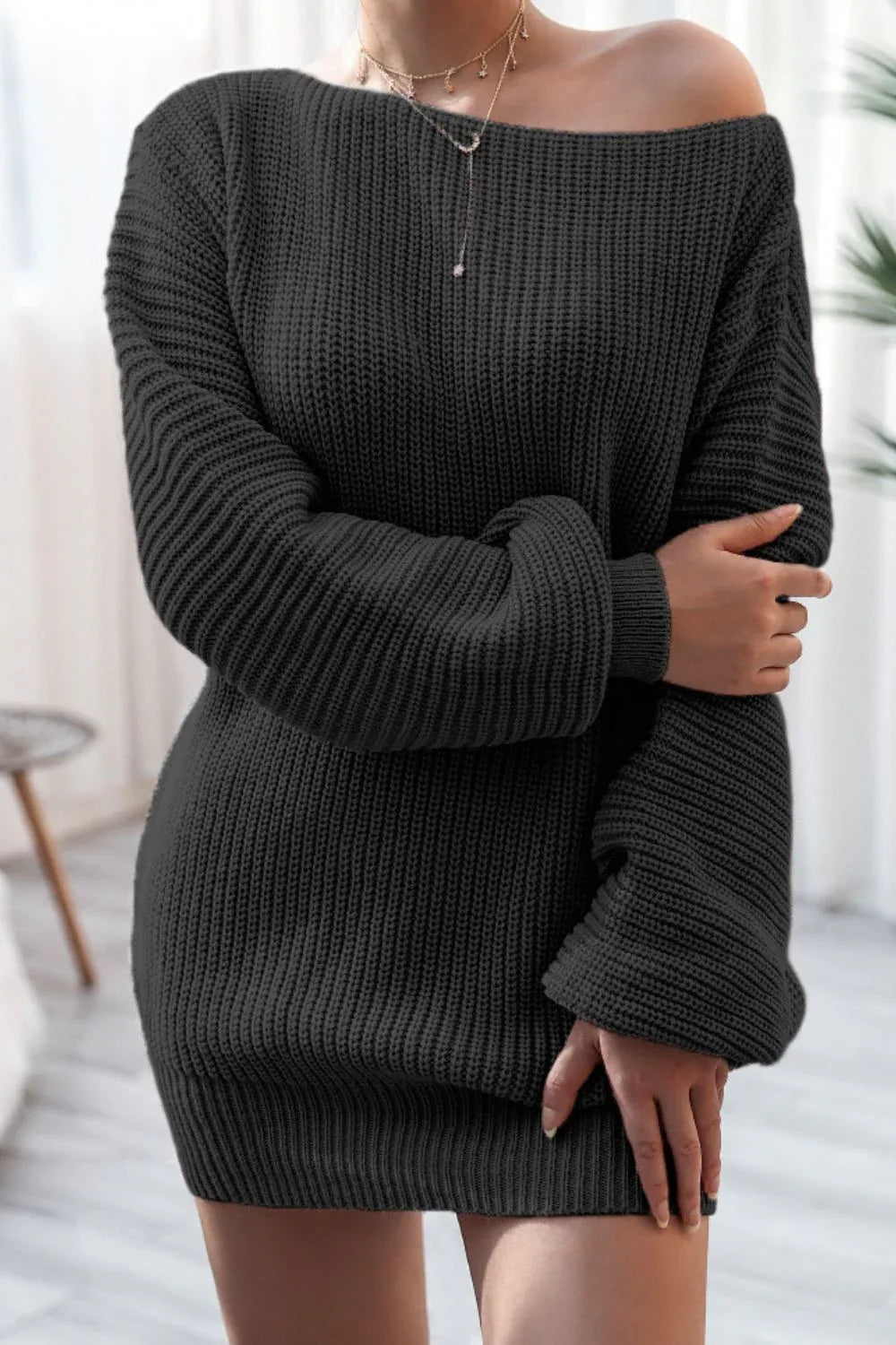Slouchy Off-Shoulder Ribbed Knit Sweater Dress - WEUXS