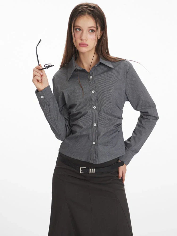 Office Siren Ruched Button Down Shirt - WEUXS