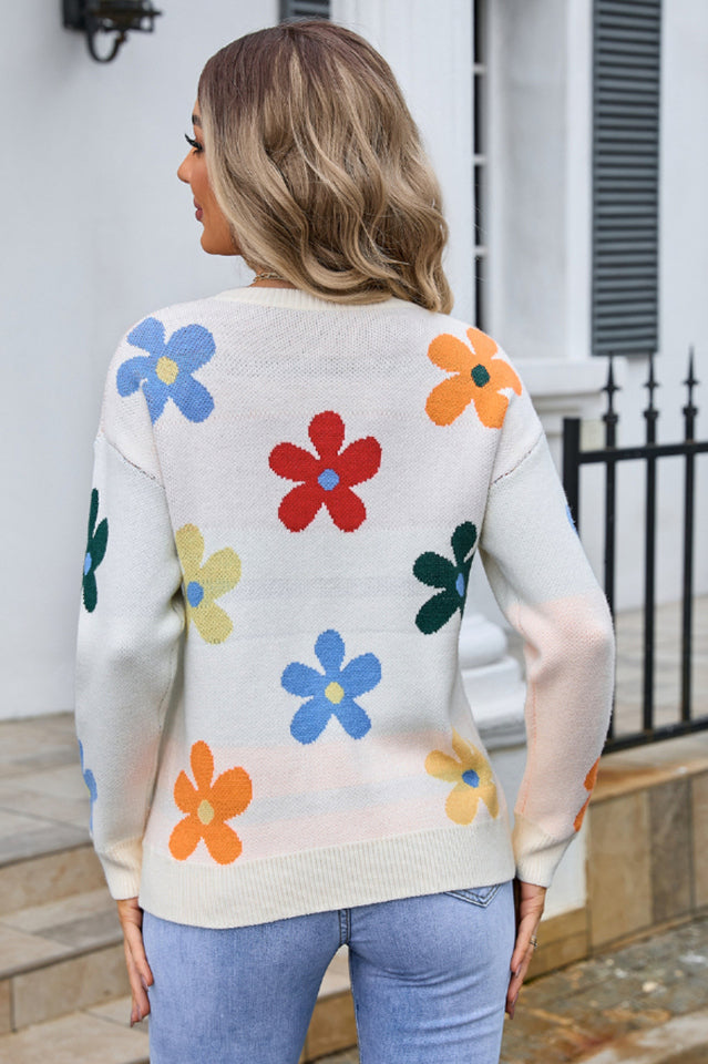 Flower Round Neck Long Sleeve Sweater | Dress In Beauty