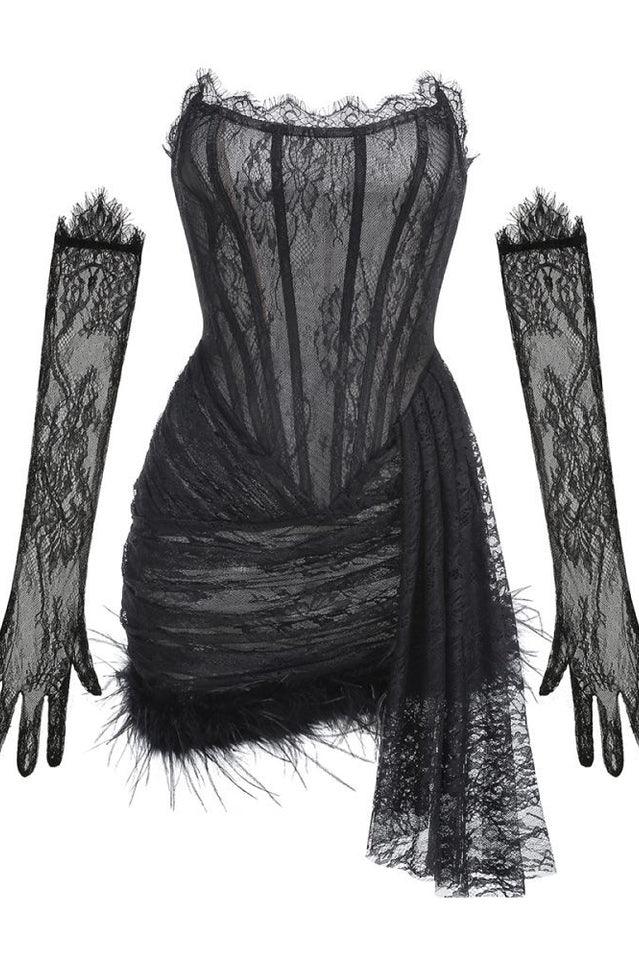 Strapless Lace Feather Trim Mini Dress - View 6 | WEUXS
