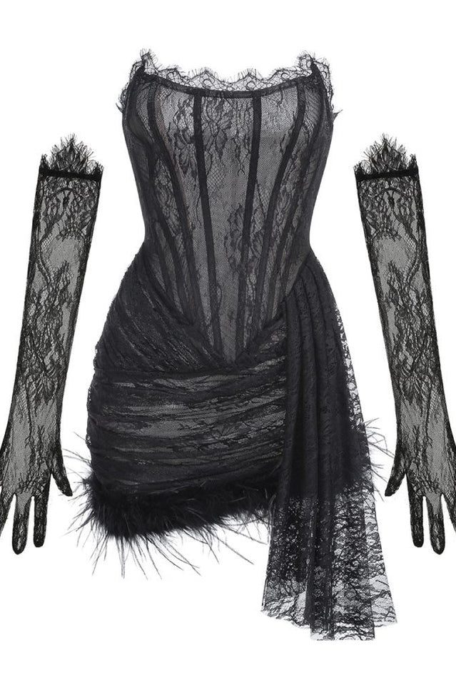 Queena Strapless Feather Trim Lace Dress | Dress In Beauty