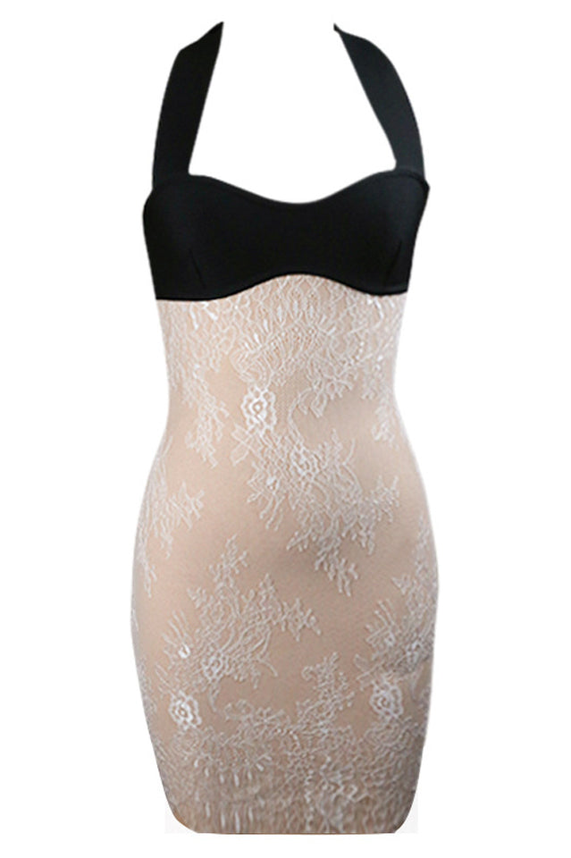 Crepe Paneled Lace Halterneck Mini Dress | Dress In Beauty