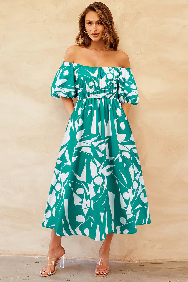 Printed Off Shoulder Balloon Sleeve Dress | Dress In Beauty