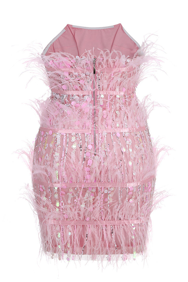 Senara Strapless Sequin Feather Mini Dress | Dress In Beauty