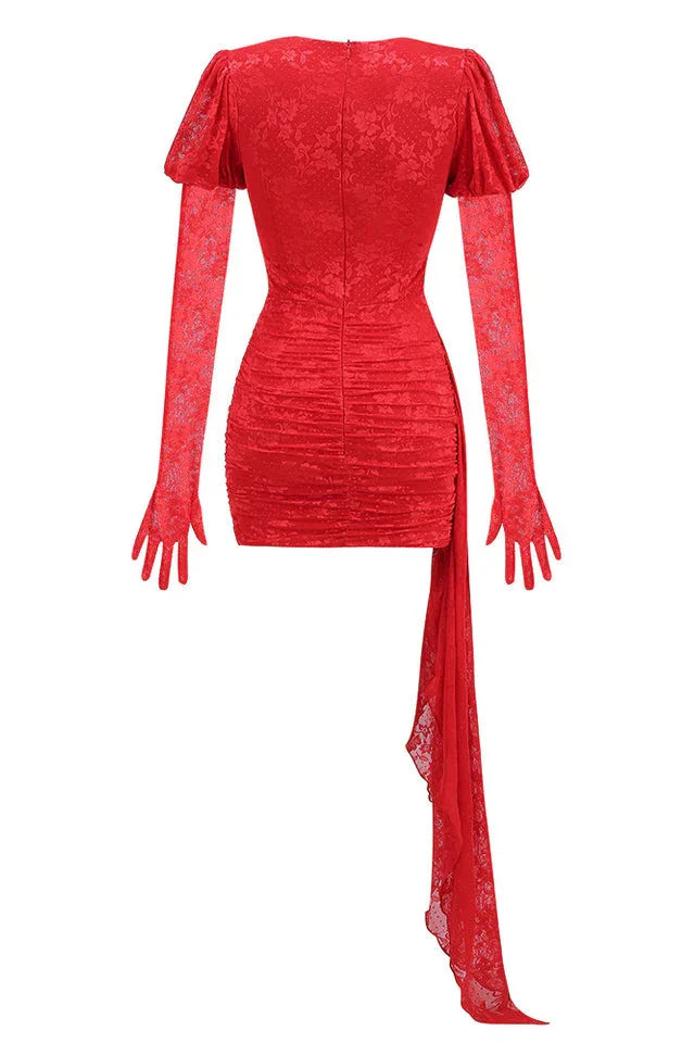 Draped Mini Dress with Cut-Outs & Puff Sleeves - View 9 | WEUXS