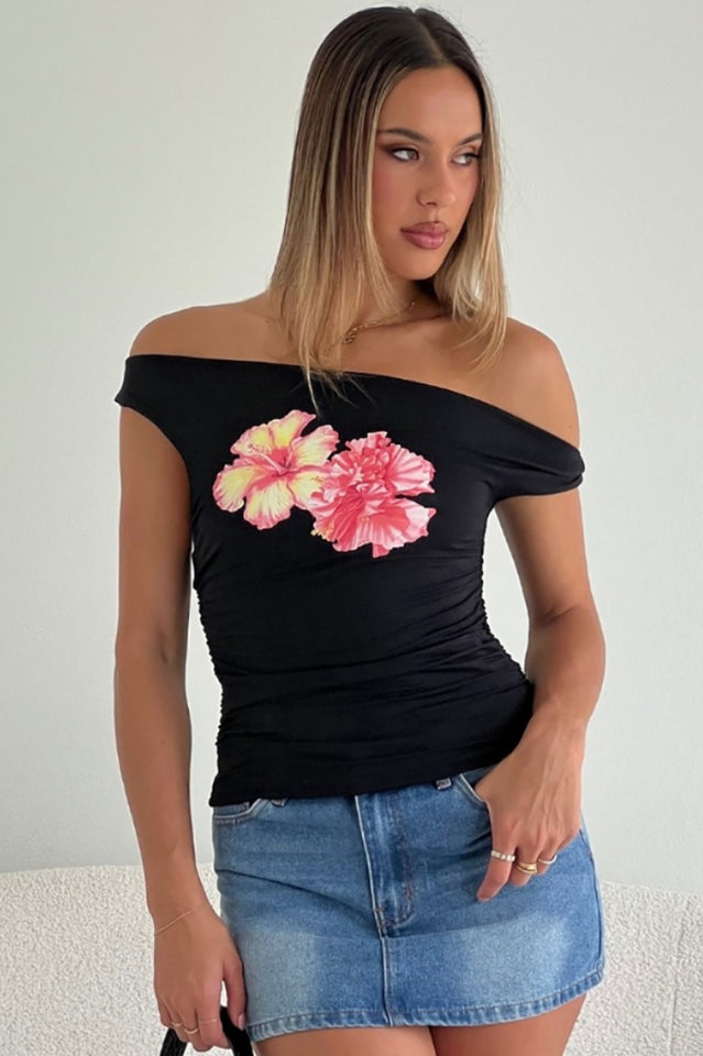 Twist Off Shoulder Graphic Top | Dress In Beauty