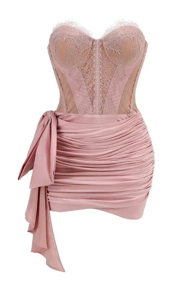 Strapless Lace Corset Draped Dress - WEUXS