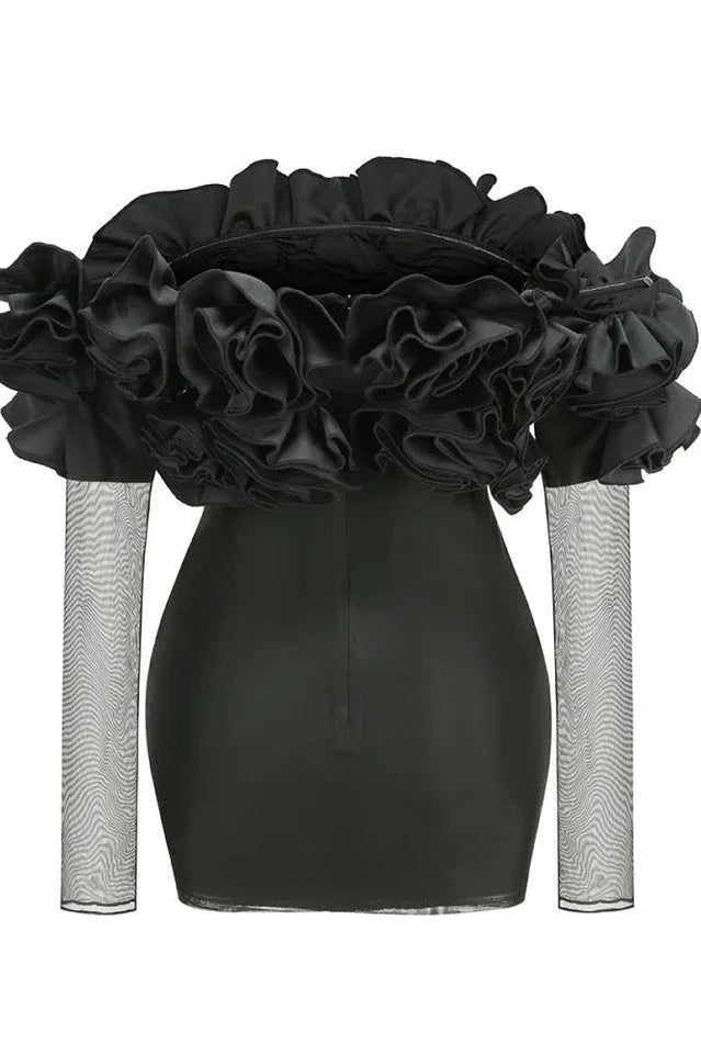 Floral tulle mini dress with Bardot neckline and long sleeves - View 8 | WEUXS