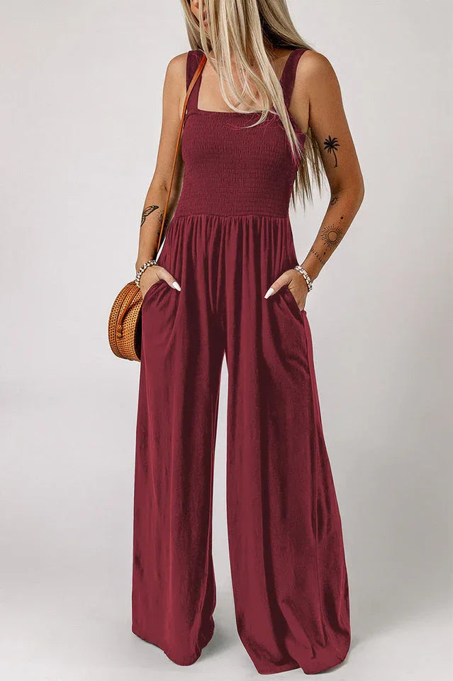 Wide leg jumpsuit with smocked bodice - View 7 | WEUXS