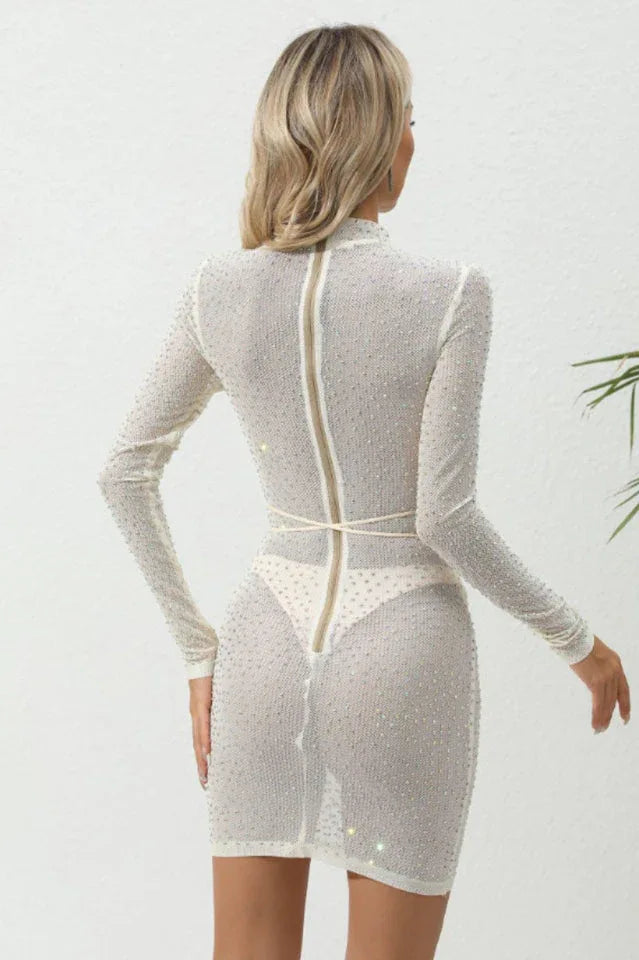 Back view of a woman in a sheer white rhinestone mini dress with a back zipper and tie waist.