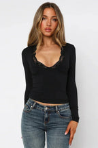 Women's Long Sleeve V-Neck Top with Lace Trim - View 11 | WEUXS