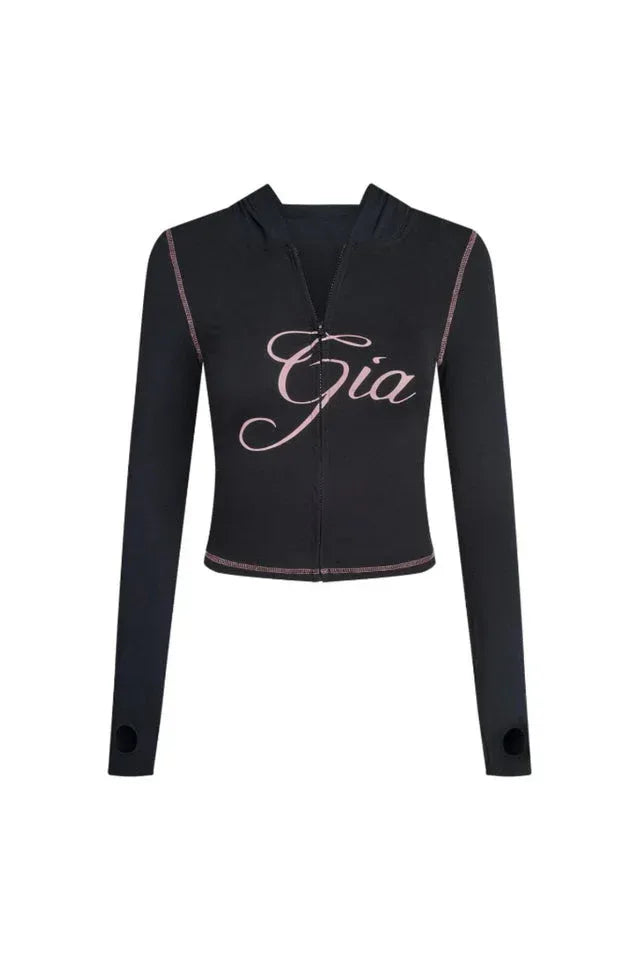 Rear view of black flared pants with embroidered logo