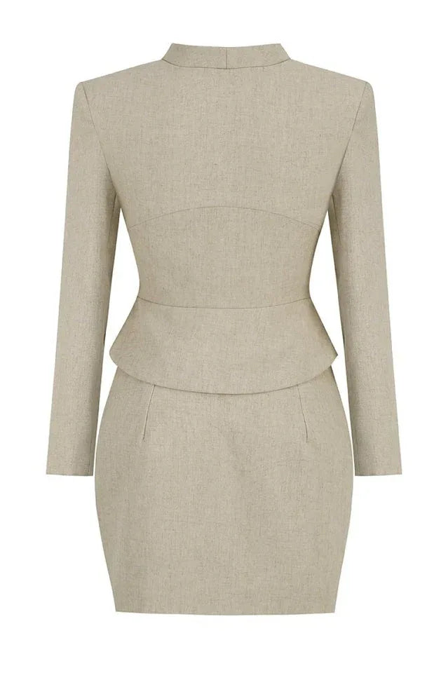 Tailored linen blend suit set with cut-out blazer and wrap skirt - View 6 | WEUXS