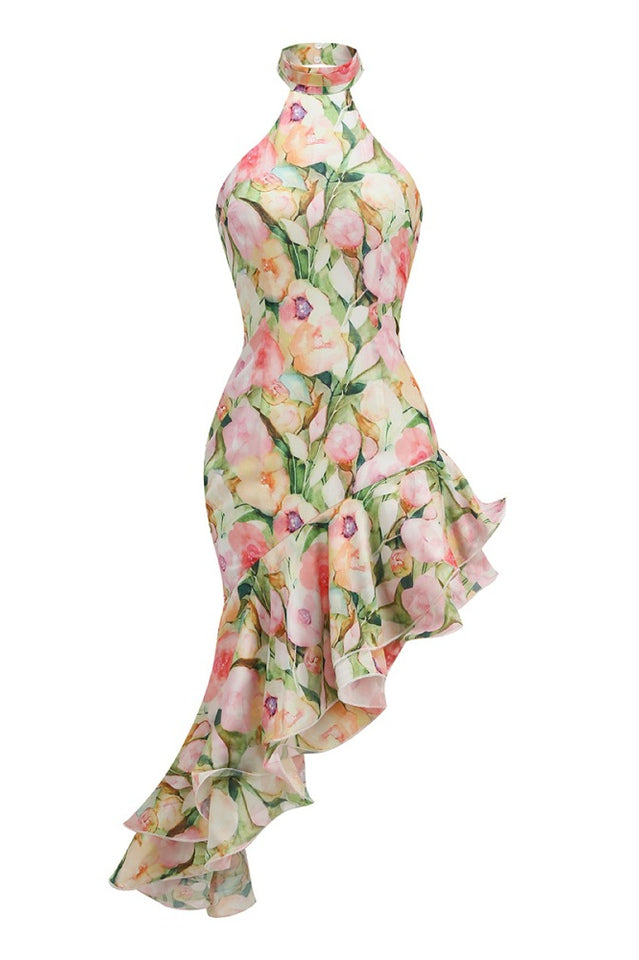 Sabina Asymmetric Floral Halter Midi Dress | Dress In Beauty