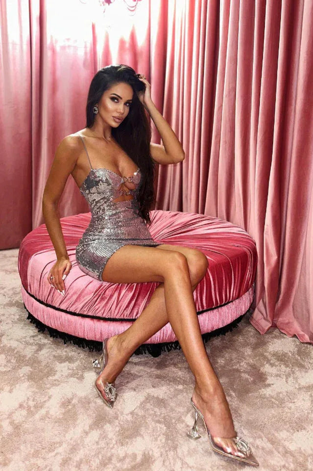 Draped Bra Mini Dress With Double Metal Ring - WEUXS