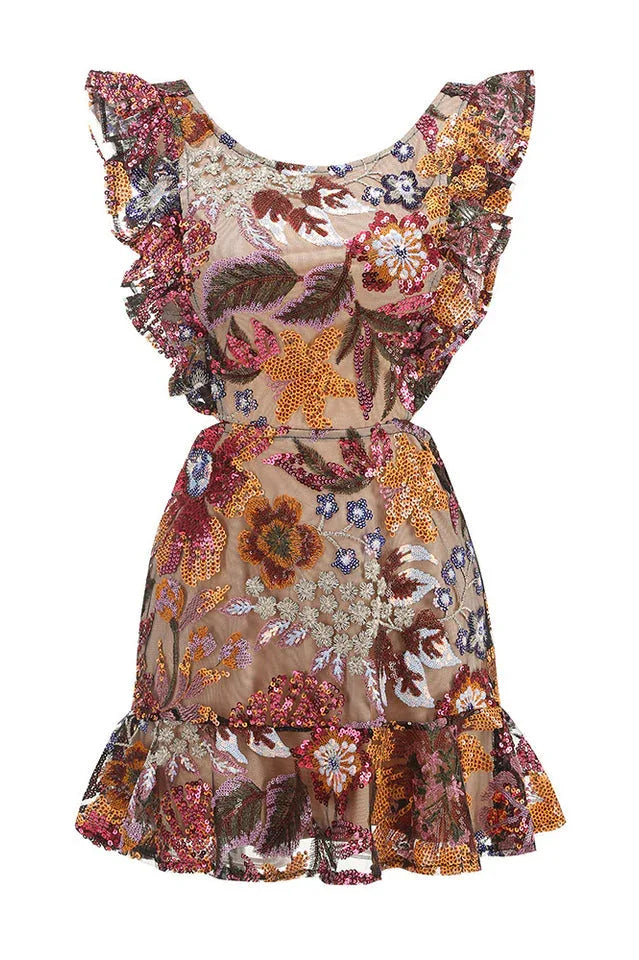 Front view of a sequined floral embroidered mini dress with ruffle trim, cut-outs, and a tiered hem.