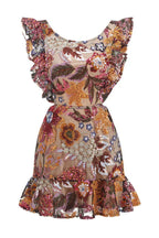 Front view of a sequined floral embroidered mini dress with ruffle trim, cut-outs, and a tiered hem.