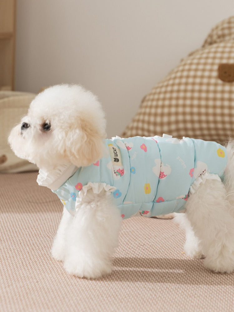 Cream bear print quilted pet jumpsuit with ruffle trim - View 6 | WEUXS