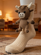 Cozy beige ribbed knit crew socks with a knitted Highland cow character attached to one sock.