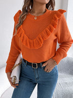 Elegant Gray Ruffle Trim Knit Sweater - WEUXS