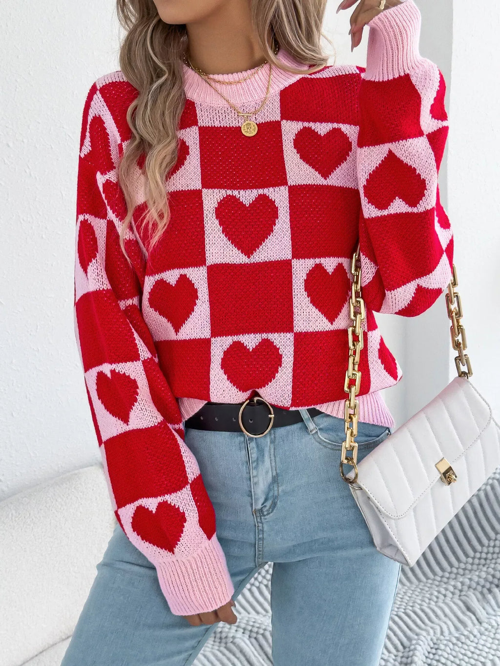 Romantic Red & Black Heart Checkerboard Sweater - WEUXS